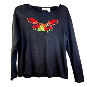 Christmas Shirt Kim Rogers Women's Large Petite Black Red Cardinals Embellished